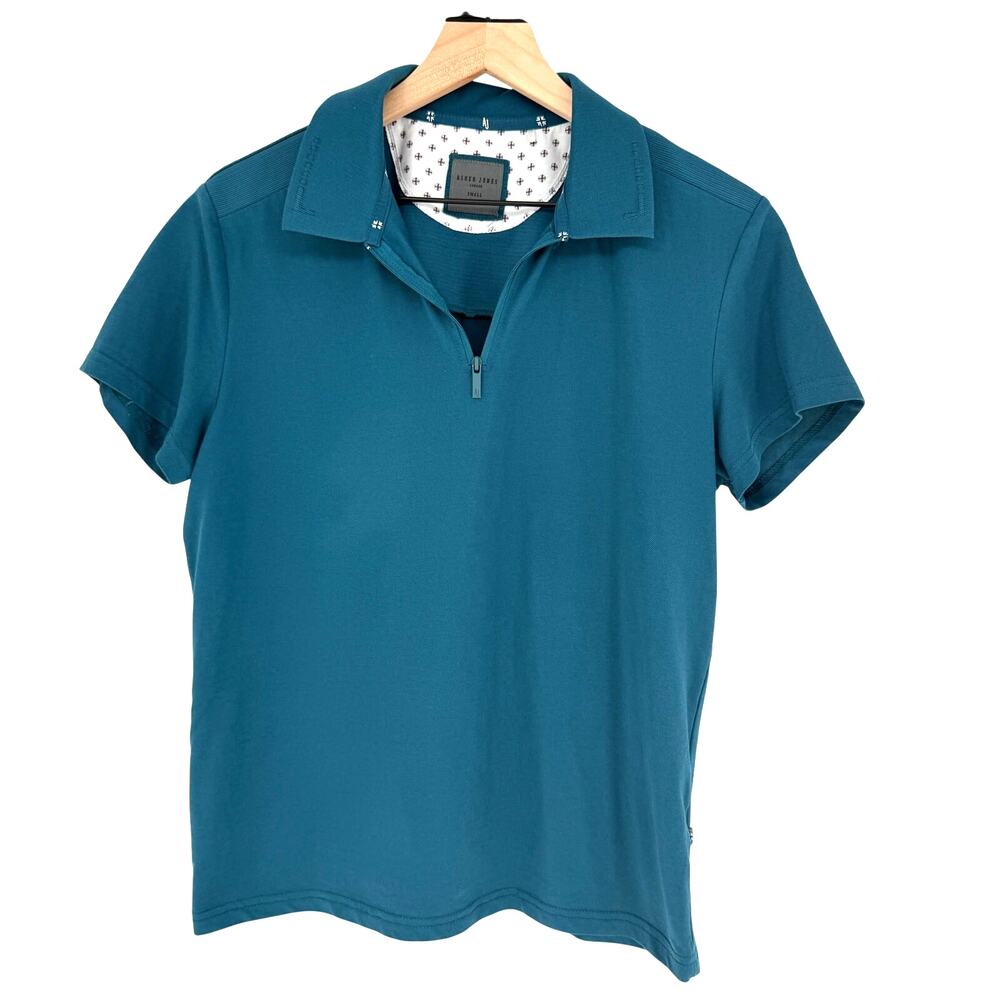 Asher Jones London Polo Shirt Mens Small Teal Contrast Geometric Zip Golf Preppy